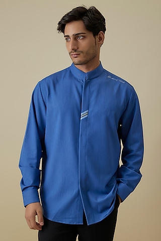 Dark Denim Terylene Viscose Spandex Blend Shirt by S&N by Shantnu Nikhil Men