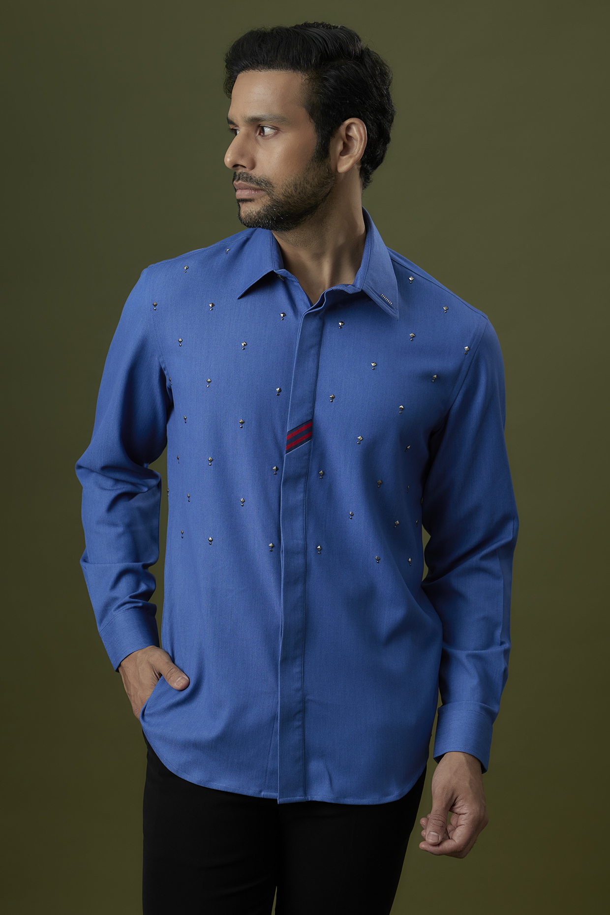 Dark Denim Blue Viscose & Lycra Shirt by S&N by Shantnu Nikhil Men
