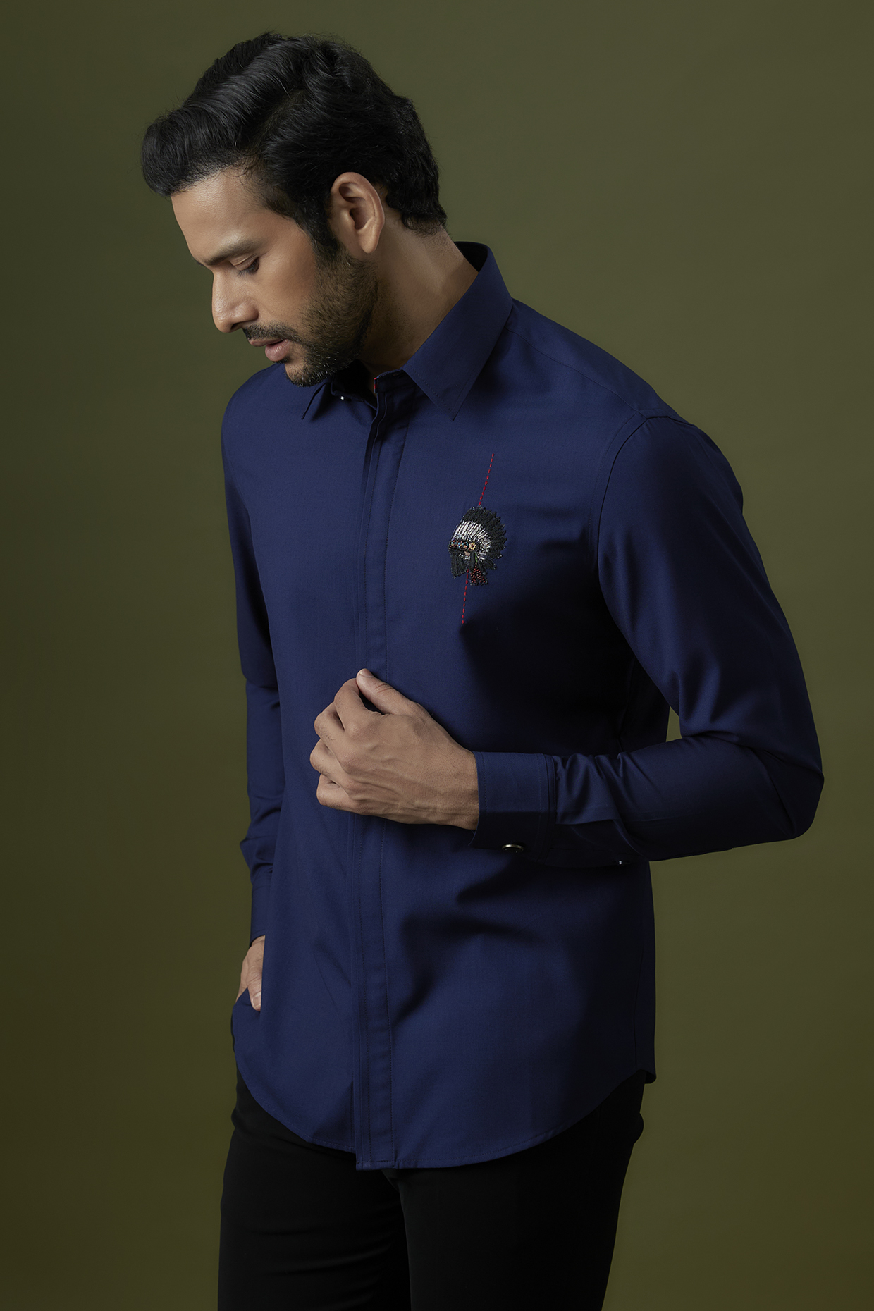 Navy Blue Viscose & Lycra Shirt by S&N by Shantnu Nikhil Men