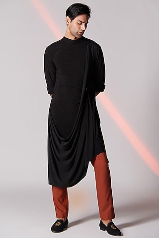 Black Poly Jersey Draped Kurta by S&N by Shantnu Nikhil Men