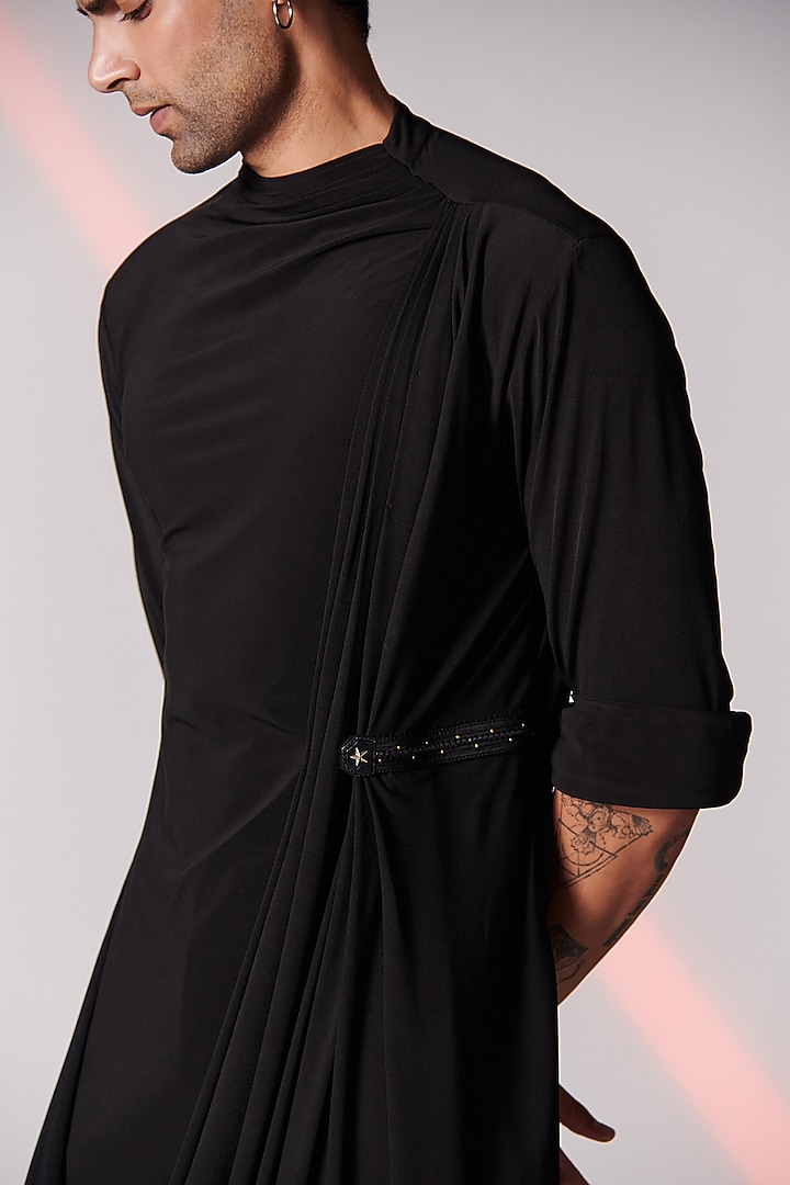 Black Poly Jersey Draped Kurta by S&N by Shantnu Nikhil Men at Pernia's Pop Up Shop