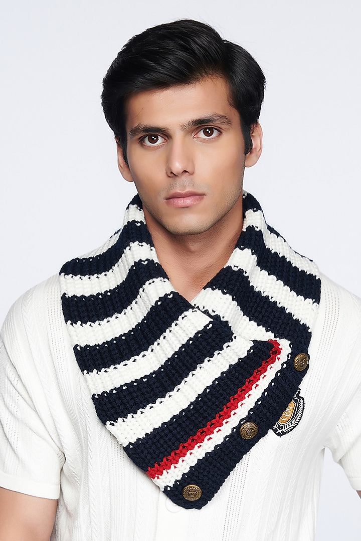 Navy & Off-White Wool Blend Striped Knitted Muffler by S&N by Shantnu Nikhil Men