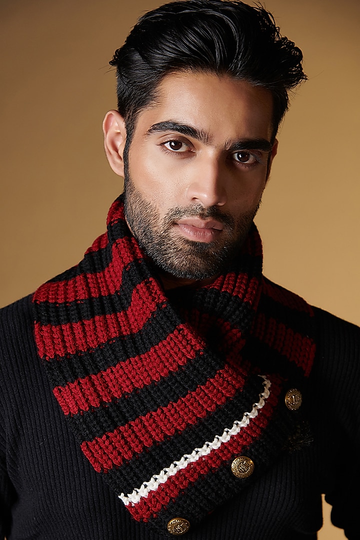 Black & Cherry Wool Blend Striped Knitted Muffler by S&N by Shantnu Nikhil Men