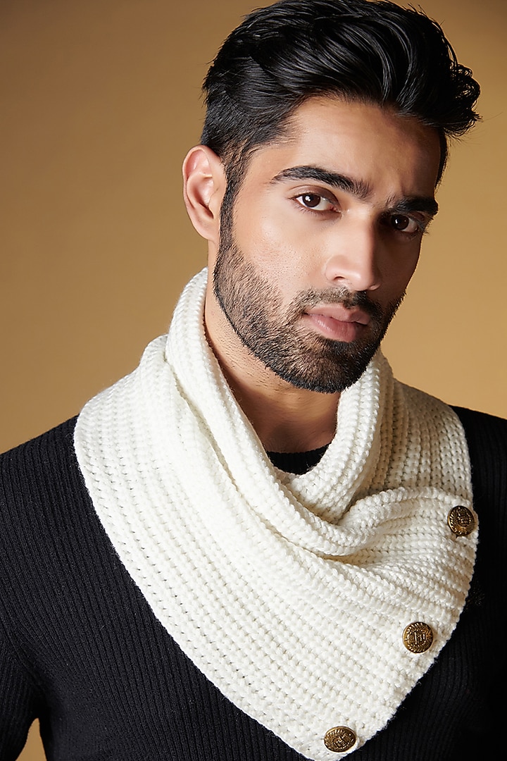 Off-White Wool Blend Striped Knitted Muffler by S&N by Shantnu Nikhil Men