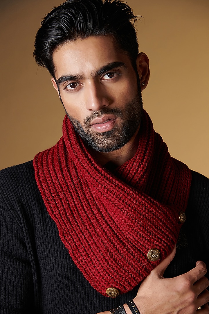 Cherry Wool Blend Striped Knitted Muffler by S&N by Shantnu Nikhil Men