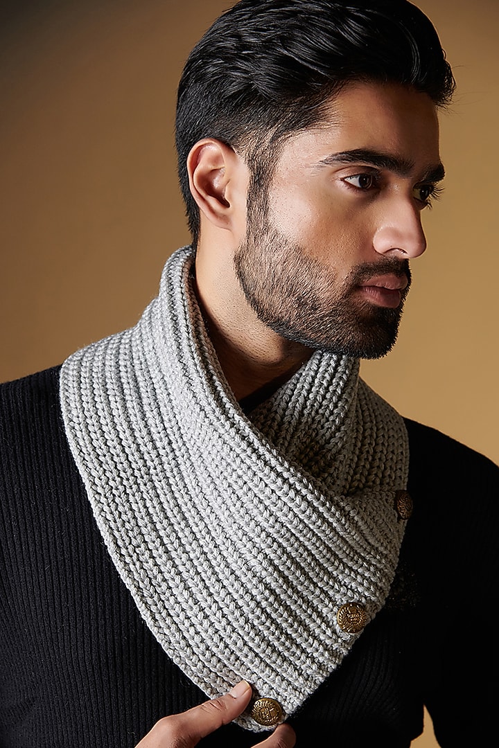 Grey Wool Blend Striped Knitted Muffler by S&N by Shantnu Nikhil Men