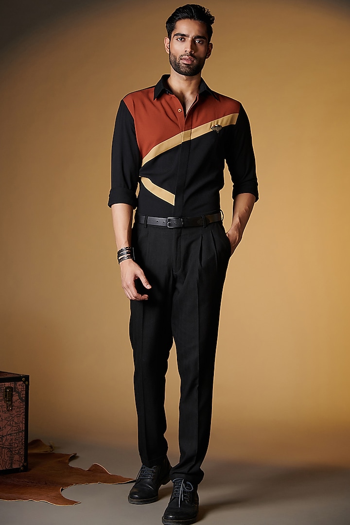 Black Terylene & Viscose Color Blocked Shirt by S&N by Shantnu Nikhil Men