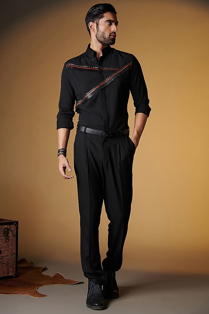 Black Rayon & Terylene Embellished Shirt by S&N by Shantnu Nikhil Men