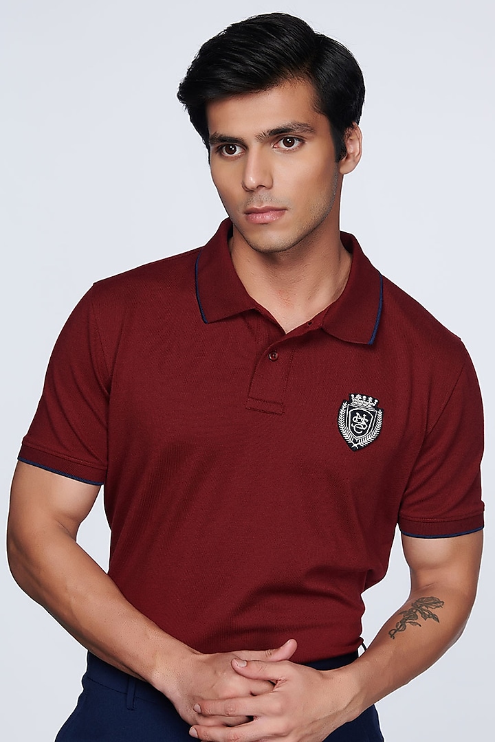 Cherry Red Viscose & Nylon Polo T-Shirt by S&N by Shantnu Nikhil Men at Pernia's Pop Up Shop