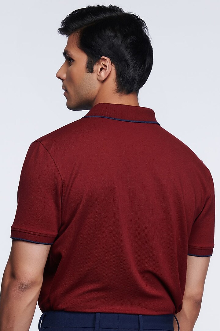 Cherry Red Viscose & Nylon Polo T-Shirt by S&N by Shantnu Nikhil Men at Pernia's Pop Up Shop