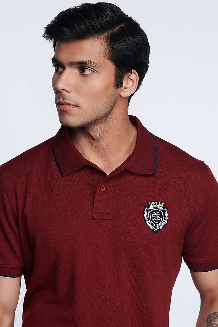 Cherry Red Viscose & Nylon Polo T-Shirt by S&N by Shantnu Nikhil Men at Pernia's Pop Up Shop