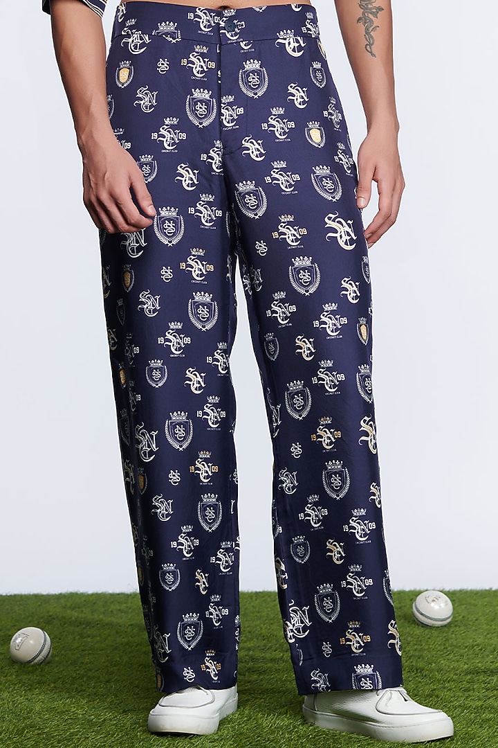 Navy Blue Twill Silk Printed Trousers by S&N by Shantnu Nikhil Men at Pernia's Pop Up Shop