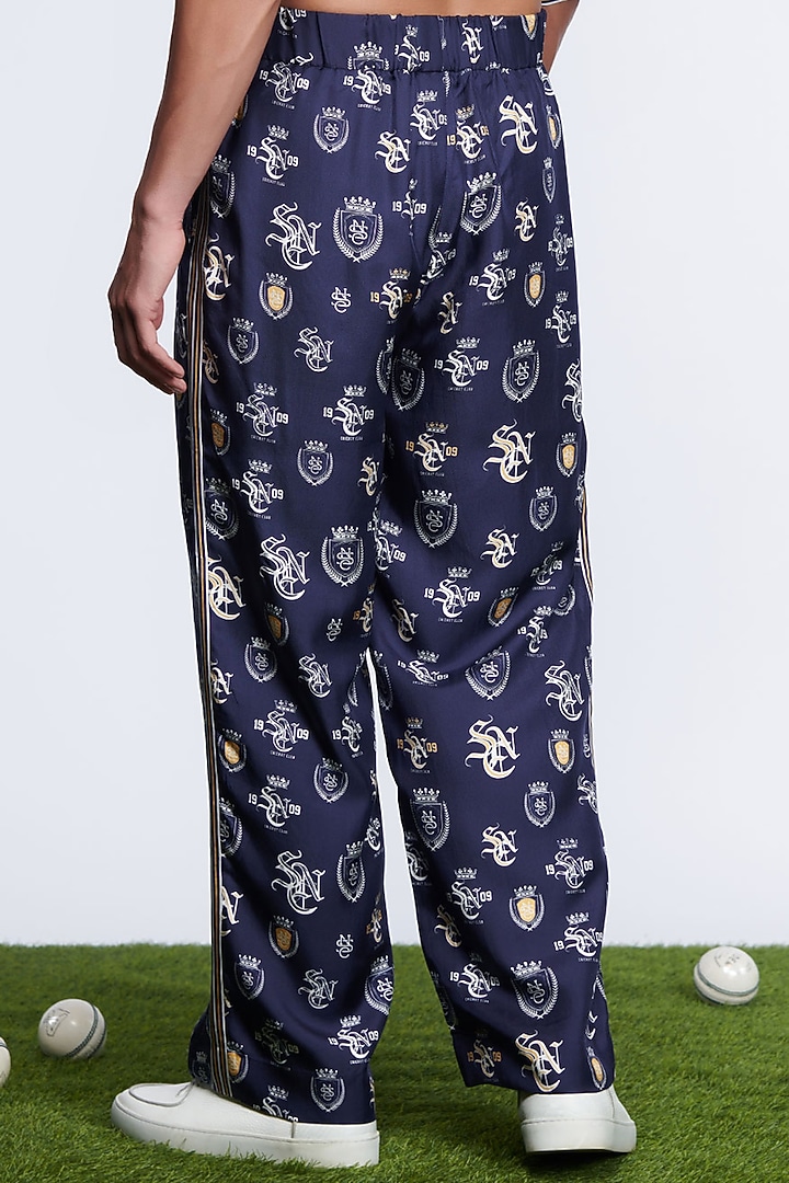Navy Blue Twill Silk Printed Trousers by S&N by Shantnu Nikhil Men at Pernia's Pop Up Shop