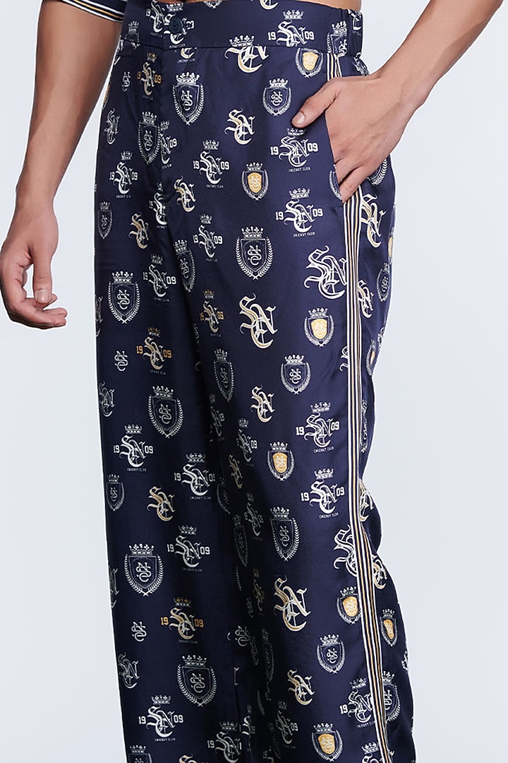 Navy Blue Twill Silk Printed Trousers by S&N by Shantnu Nikhil Men at Pernia's Pop Up Shop