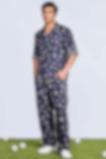 Navy Blue Twill Silk Printed Wedding Shirt by S&N by Shantnu Nikhil Men at Pernia's Pop Up Shop