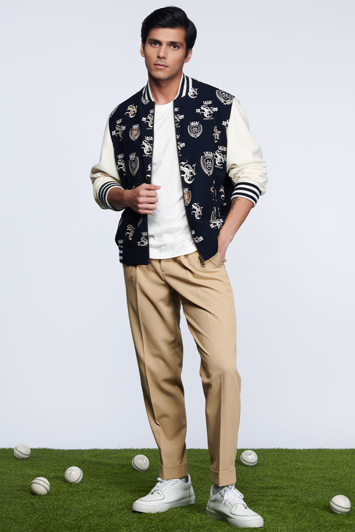 Navy Blue Viscose & Poly Blend Embroidered Varsity Jacket by S&N by Shantnu Nikhil Men