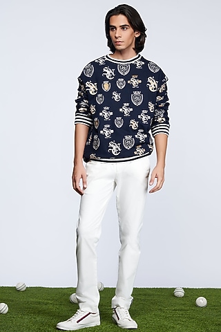 Navy Blue Poly Blend & Viscose Sweatshirt by S&N by Shantnu Nikhil Men