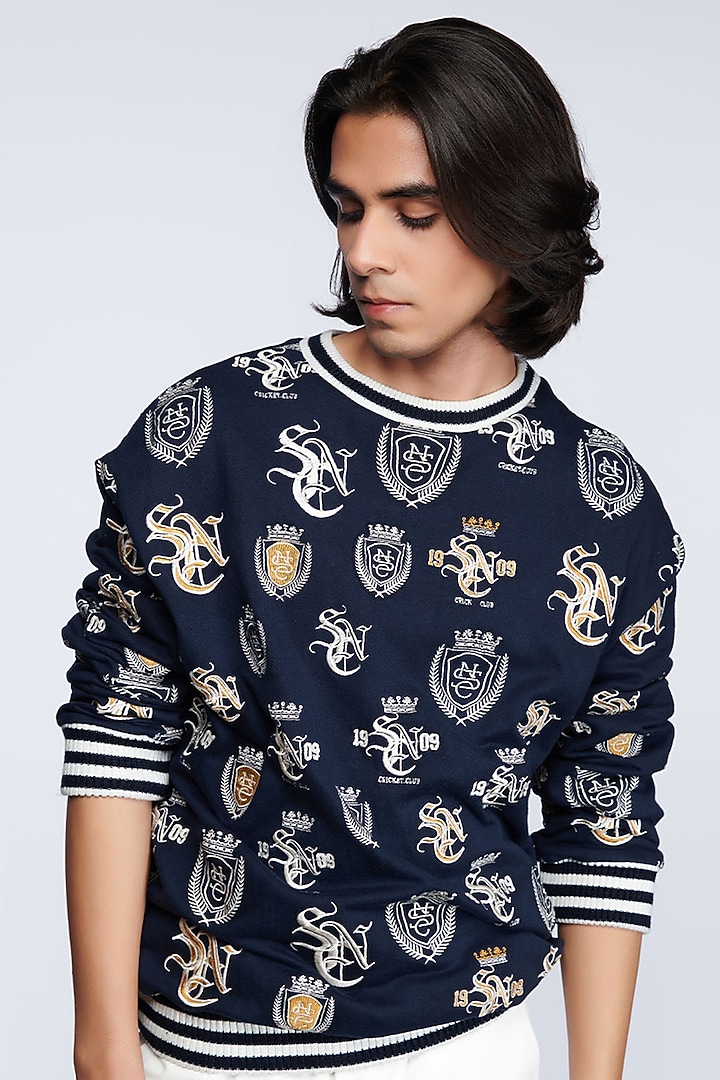 Navy Blue Poly Blend & Viscose Sweatshirt by S&N by Shantnu Nikhil Men at Pernia's Pop Up Shop