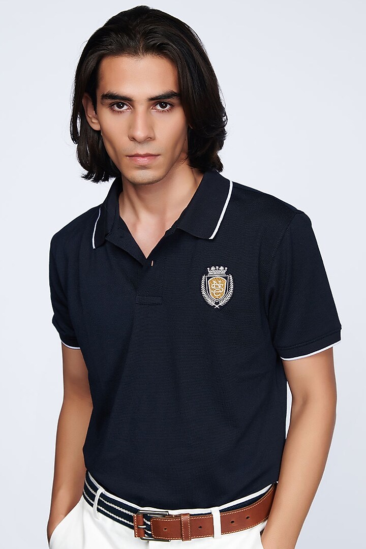 Navy Blue Knitted Polo T-Shirt by S&N by Shantnu Nikhil Men at Pernia's Pop Up Shop