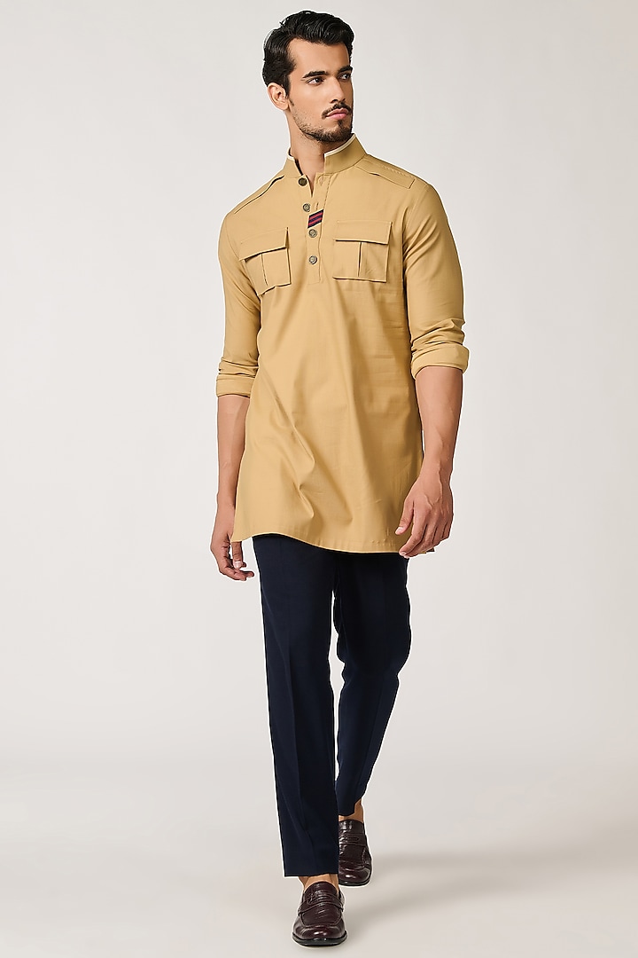 Beige Poly Blend & Viscose Kurta by S&N by Shantnu Nikhil Men