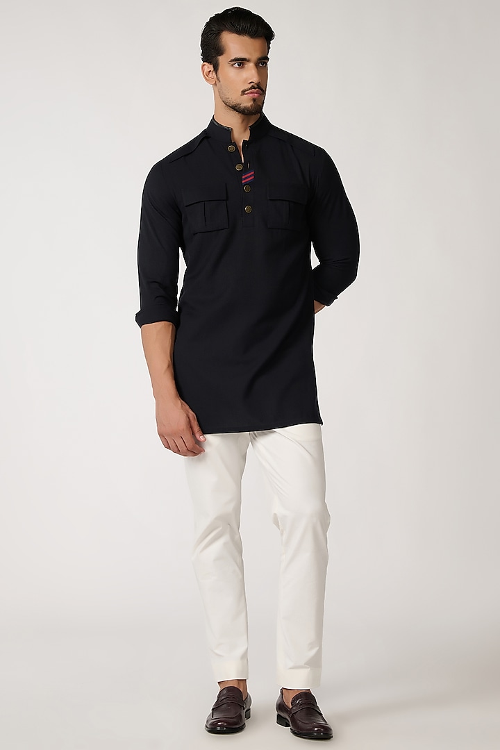 Black Poly Blend & Viscose Kurta by S&N by Shantnu Nikhil Men