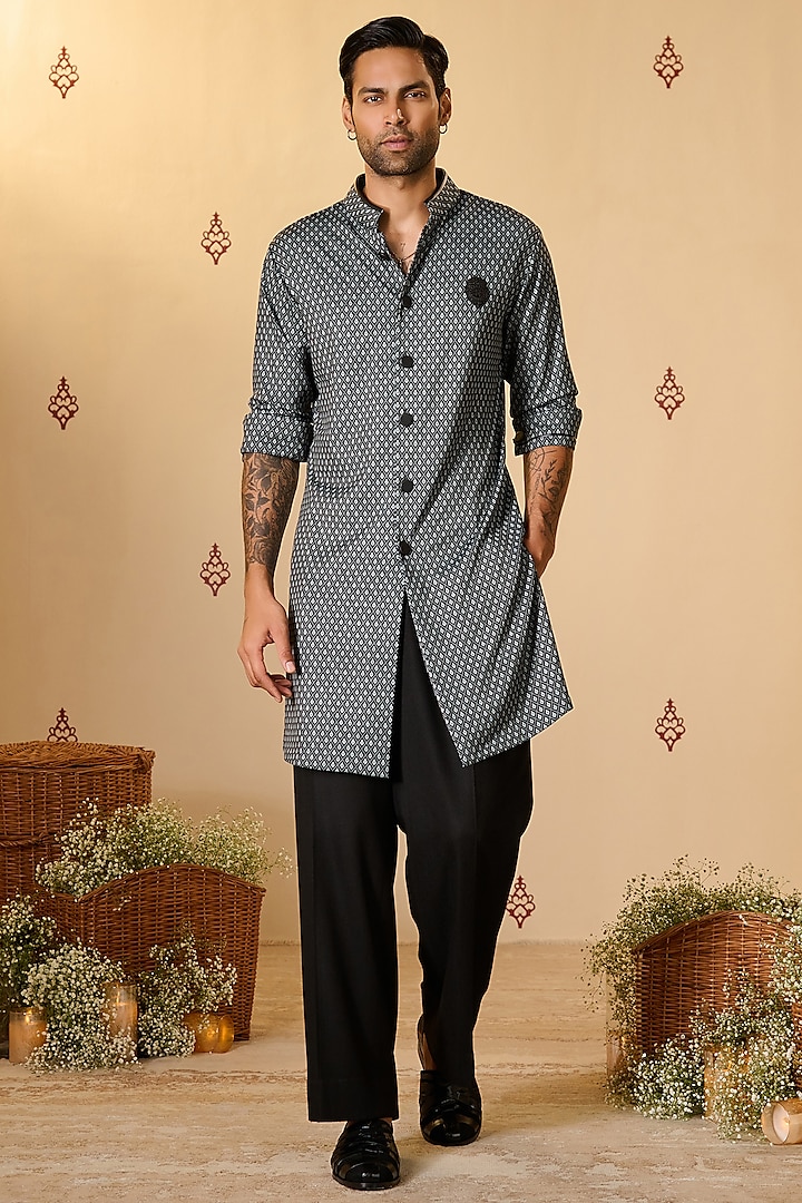 Black Crepe Jersey Printed Kurta by S&N by Shantnu Nikhil Men