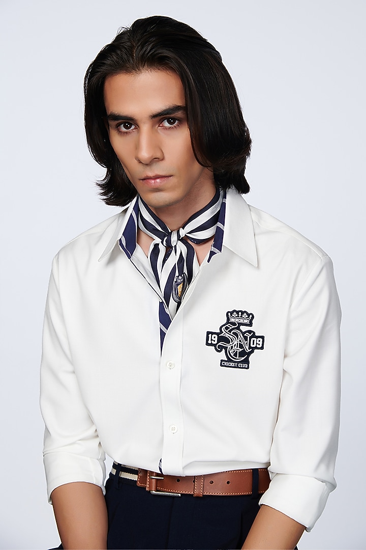 Navy Twill Silk Striped Neckerchief by S&N by Shantnu Nikhil Men at Pernia's Pop Up Shop