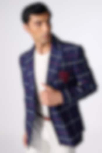 Navy Blue Cotton Printed Double-Breasted Jacket by S&N by Shantnu Nikhil Men
