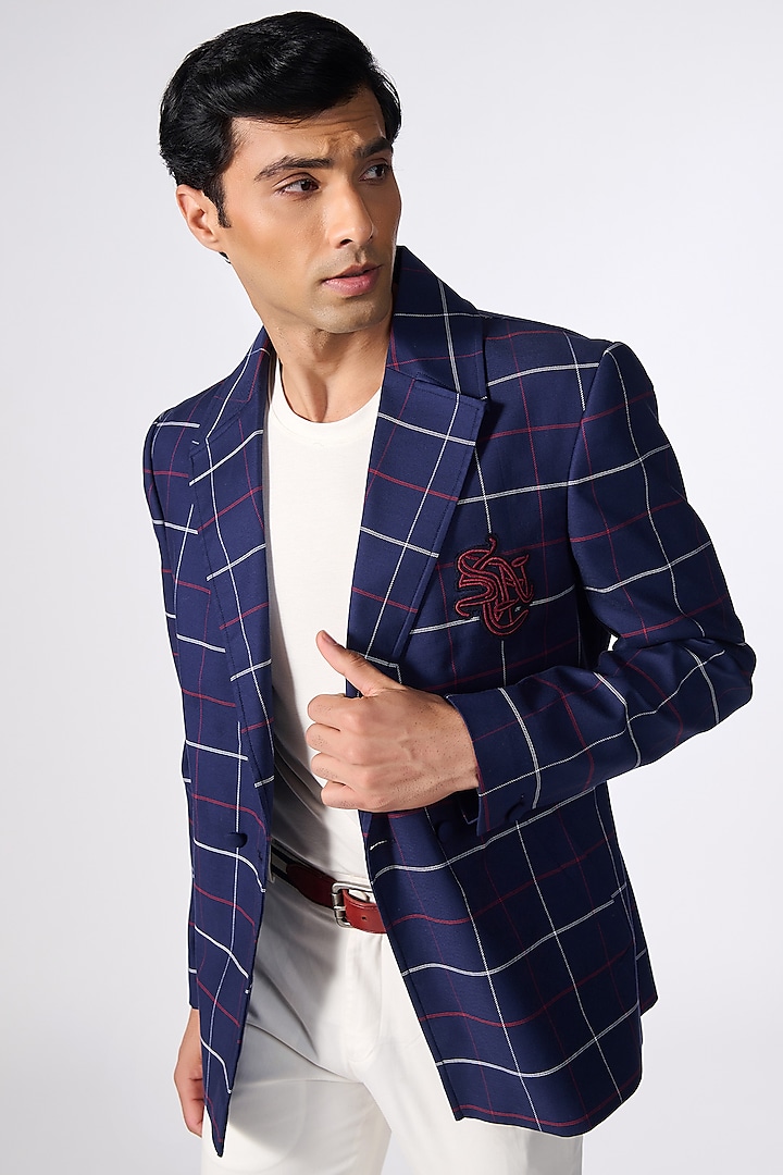 Navy Blue Cotton Printed Double-Breasted Jacket by S&N by Shantnu Nikhil Men