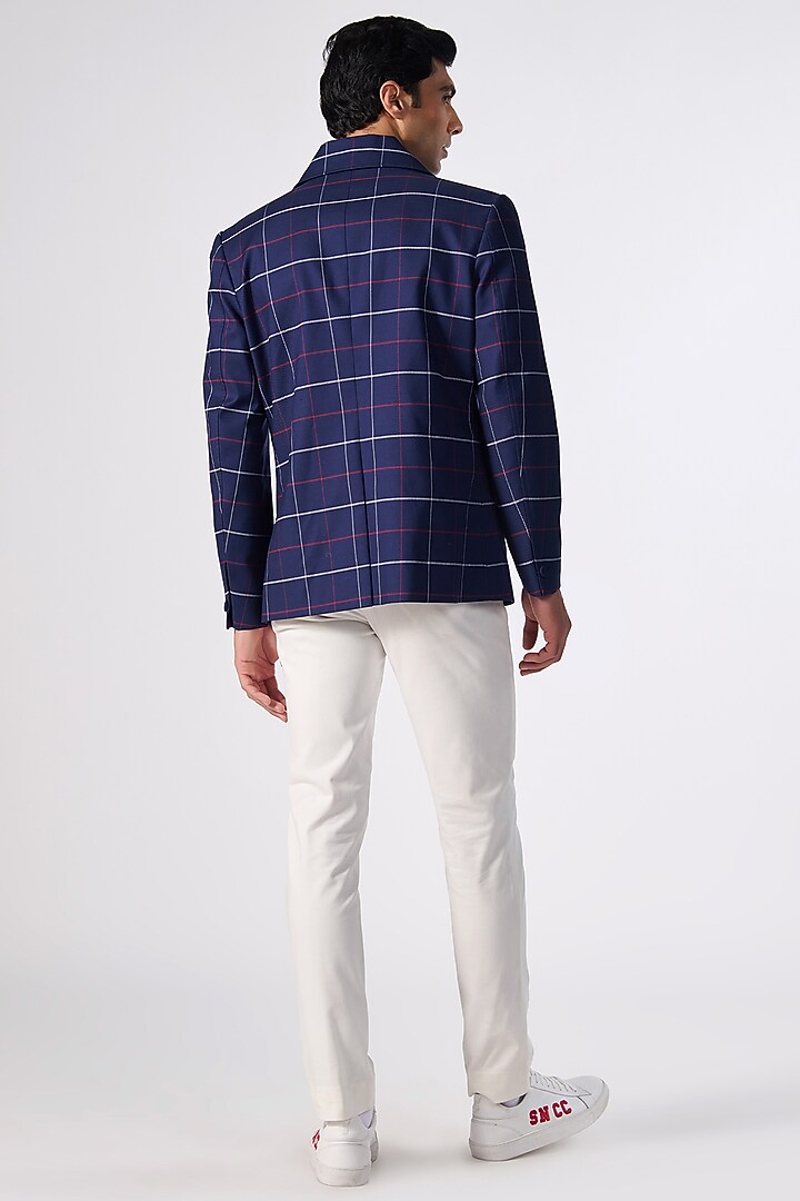 Navy Blue Cotton Printed Double-Breasted Jacket by S&N by Shantnu Nikhil Men at Pernia's Pop Up Shop