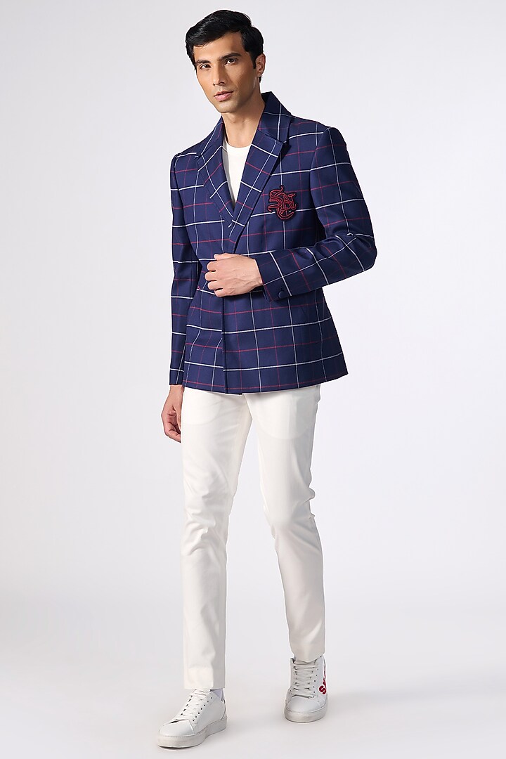 Navy Blue Cotton Printed Double-Breasted Jacket by S&N by Shantnu Nikhil Men at Pernia's Pop Up Shop