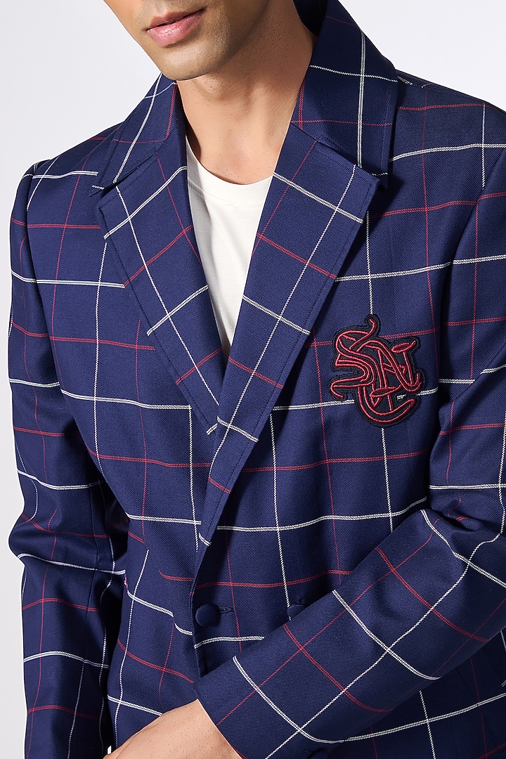 Navy Blue Cotton Printed Double-Breasted Jacket by S&N by Shantnu Nikhil Men at Pernia's Pop Up Shop