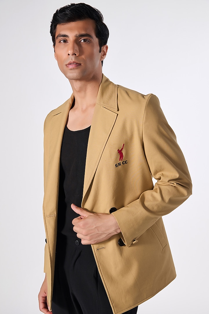 Beige Terylene & Lycra Double-Breasted Jacket by S&N by Shantnu Nikhil Men at Pernia's Pop Up Shop