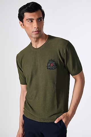 Olive Green Viscose T-Shirt by S&N by Shantnu Nikhil Men