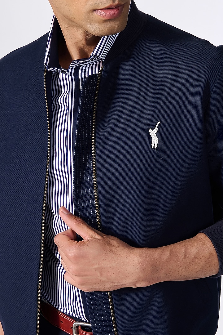 Navy Blue Poly Blend & Cotton Bomber Jacket by S&N by Shantnu Nikhil Men at Pernia's Pop Up Shop
