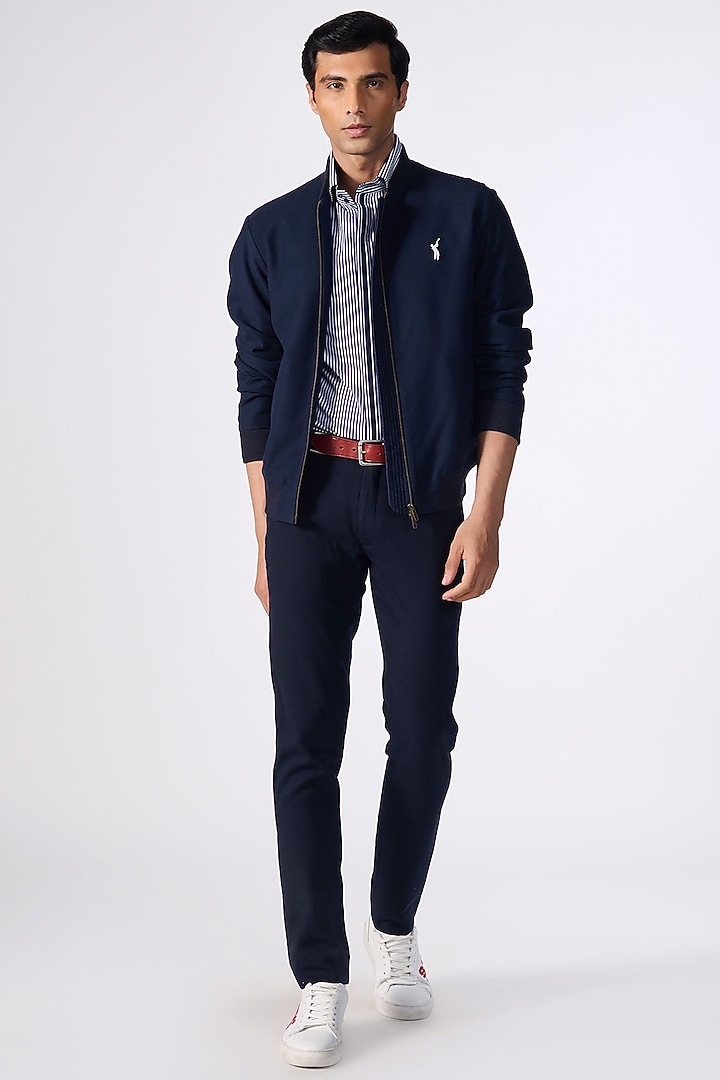 Navy Blue Poly Blend & Cotton Bomber Jacket by S&N by Shantnu Nikhil Men at Pernia's Pop Up Shop