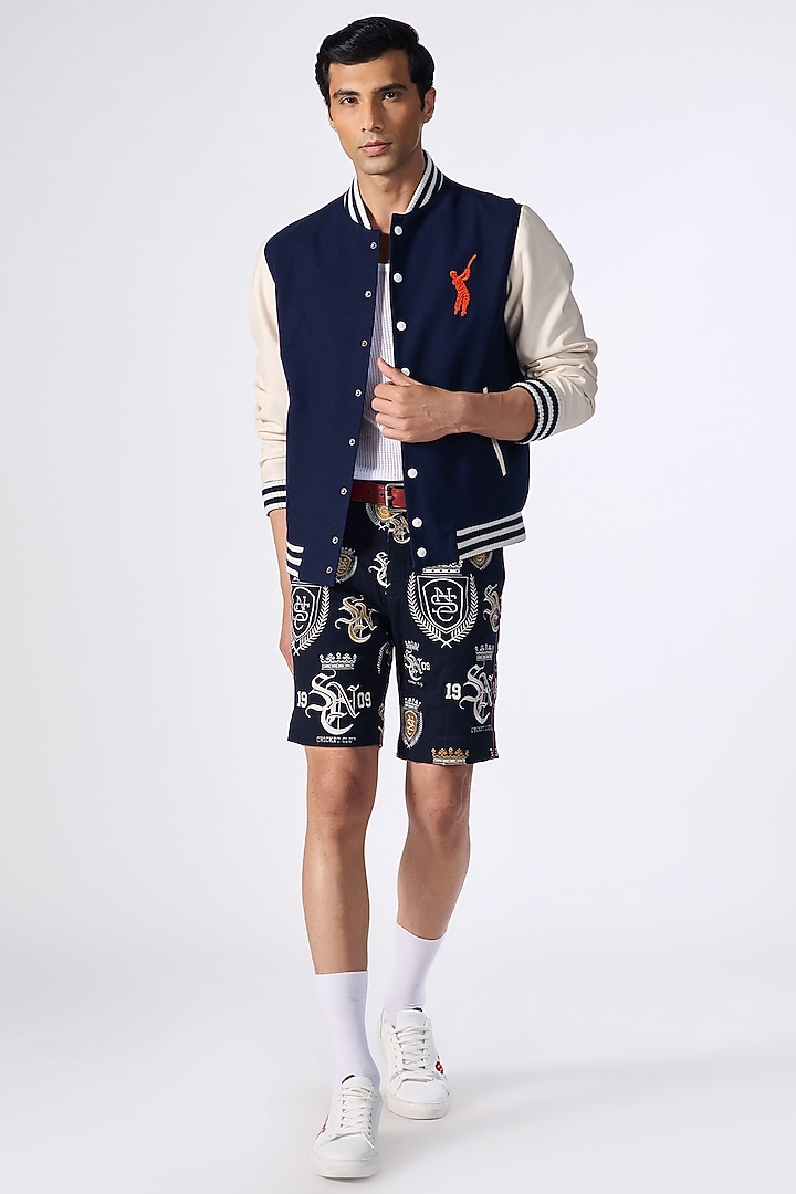 Navy Blue Poly Blend & Cotton Varsity Jacket by S&N by Shantnu Nikhil Men at Pernia's Pop Up Shop