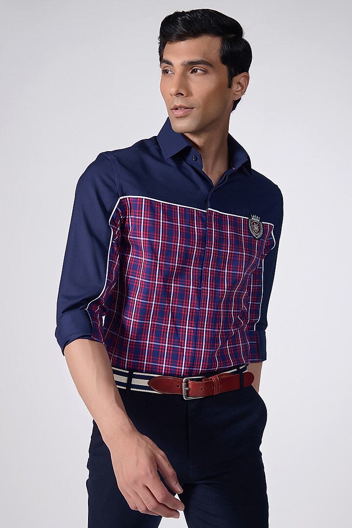 Navy & Cherry Viscose Plaid Wedding Shirt by S&N by Shantnu Nikhil Men at Pernia's Pop Up Shop