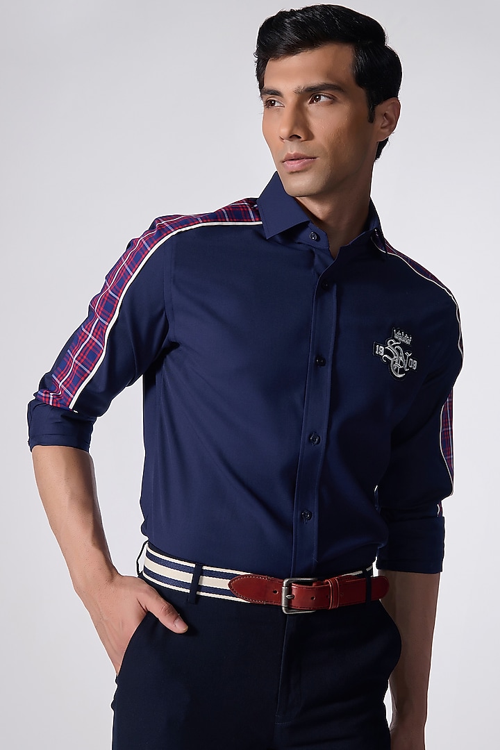 Navy Blue Viscose & Terylene Shirt by S&N by Shantnu Nikhil Men