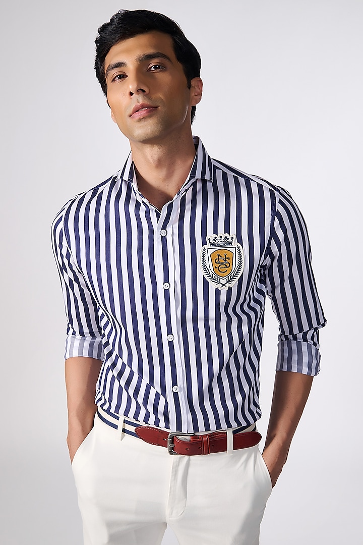 Navy Blue Poly Blend & Cotton Striped Shirt by S&N by Shantnu Nikhil Men