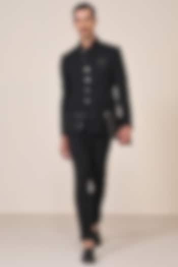 Black Delta Crepe Swarovski Work Wedding Bandhgala Jacket by S&N by Shantnu Nikhil Men at Pernia's Pop Up Shop