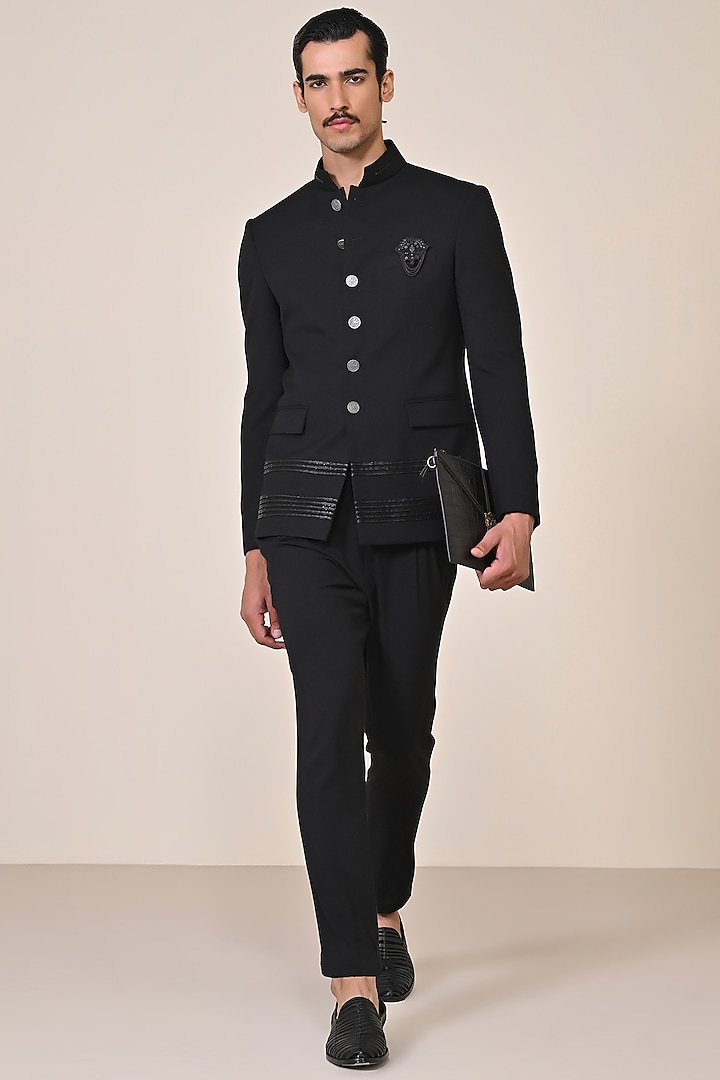 Black Delta Crepe Swarovski Work Wedding Bandhgala Jacket by S&N by Shantnu Nikhil Men at Pernia's Pop Up Shop