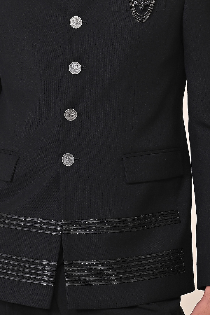 Black Delta Crepe Swarovski Work Wedding Bandhgala Jacket by S&N by Shantnu Nikhil Men at Pernia's Pop Up Shop