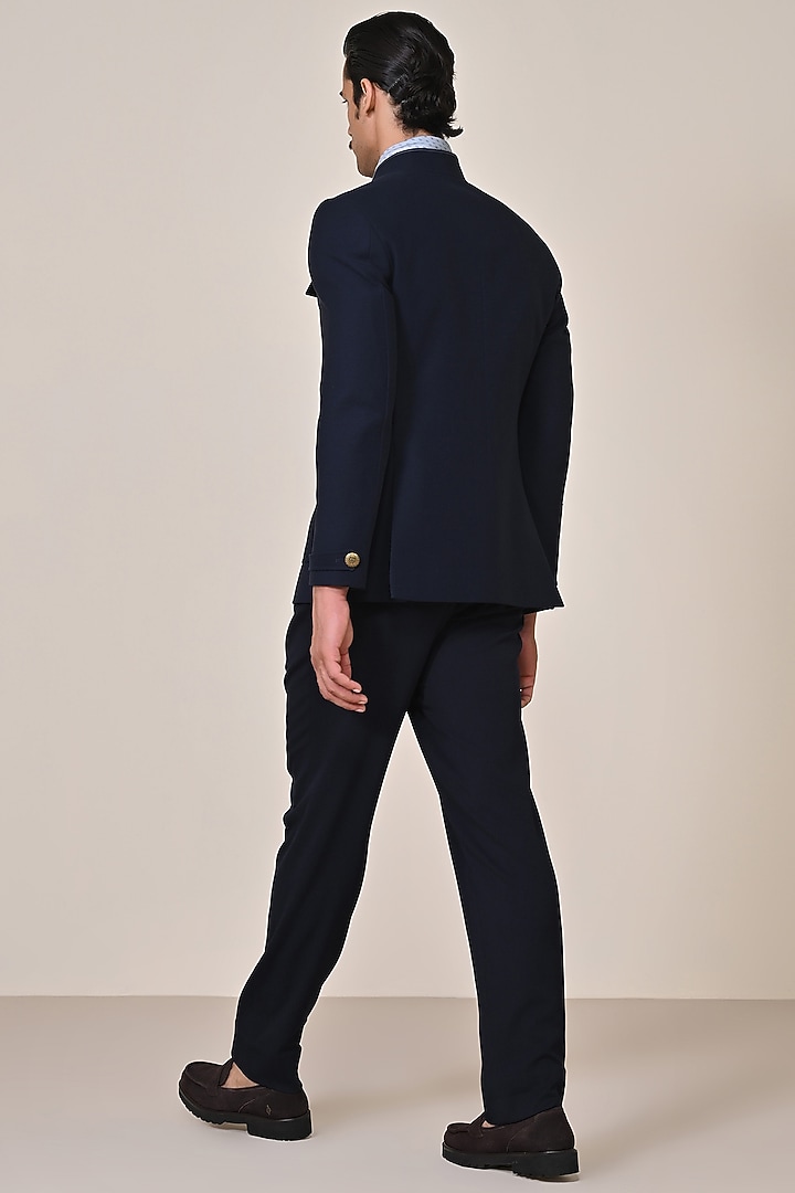 Navy Blue Cotton Spandex Blend Wedding Bandhgala Jacket by S&N by Shantnu Nikhil Men at Pernia's Pop Up Shop