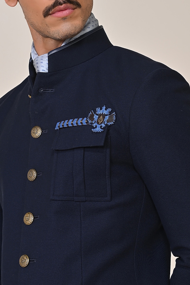 Navy Blue Cotton Spandex Blend Wedding Bandhgala Jacket by S&N by Shantnu Nikhil Men at Pernia's Pop Up Shop