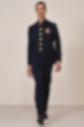 Navy Blue Viscose Spandex Suiting Blend Wedding Bandhgala Jacket by S&N by Shantnu Nikhil Men at Pernia's Pop Up Shop
