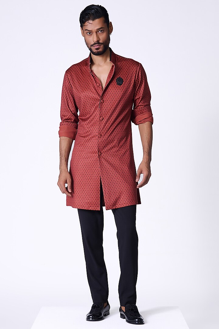 Rust Crepe Jersey Printed Kurta by S&N by Shantnu Nikhil Men