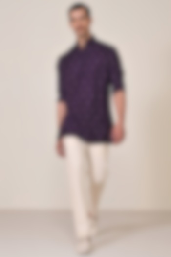 Purple Viscose Suiting Blend Thread Work Kurta by S&N by Shantnu Nikhil Men