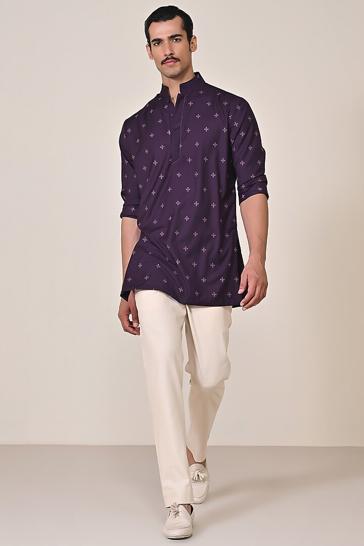 Purple Viscose Suiting Blend Thread Work Kurta by S&N by Shantnu Nikhil Men