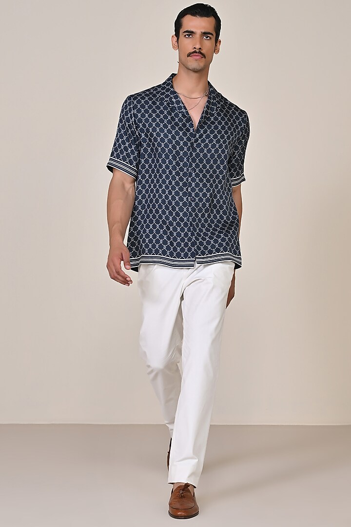 Navy Blue Silk Twill Printed Shirt by S&N by Shantnu Nikhil Men